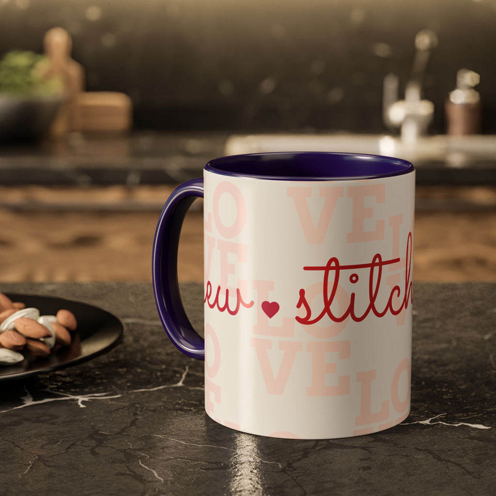 Love Quilting script mug | Colorful ceramic coffee cup
