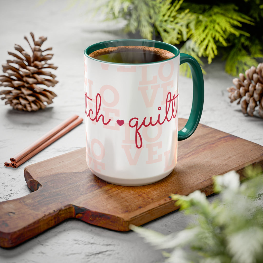 Love Quilting script mug | Colorful ceramic coffee cup