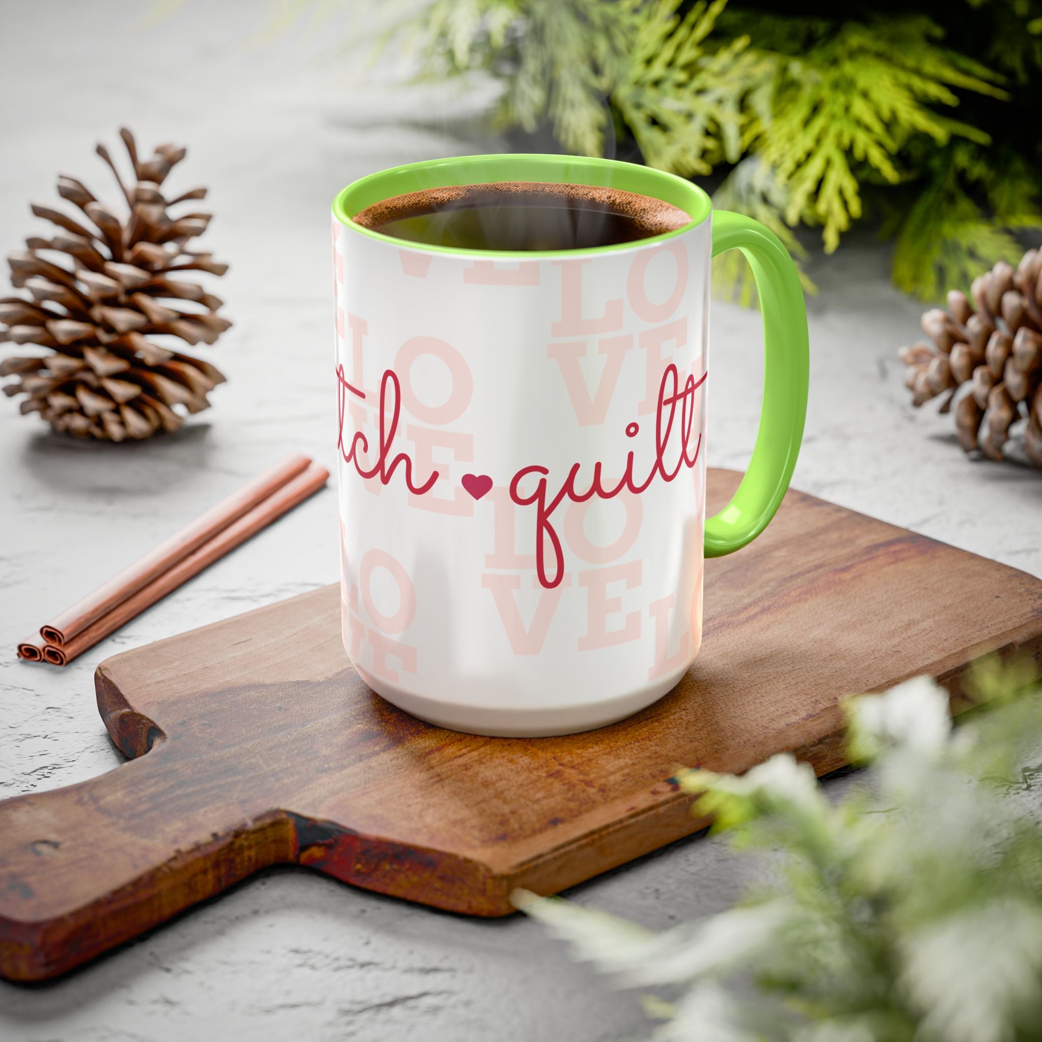 Love Quilting script mug | Colorful ceramic coffee cup