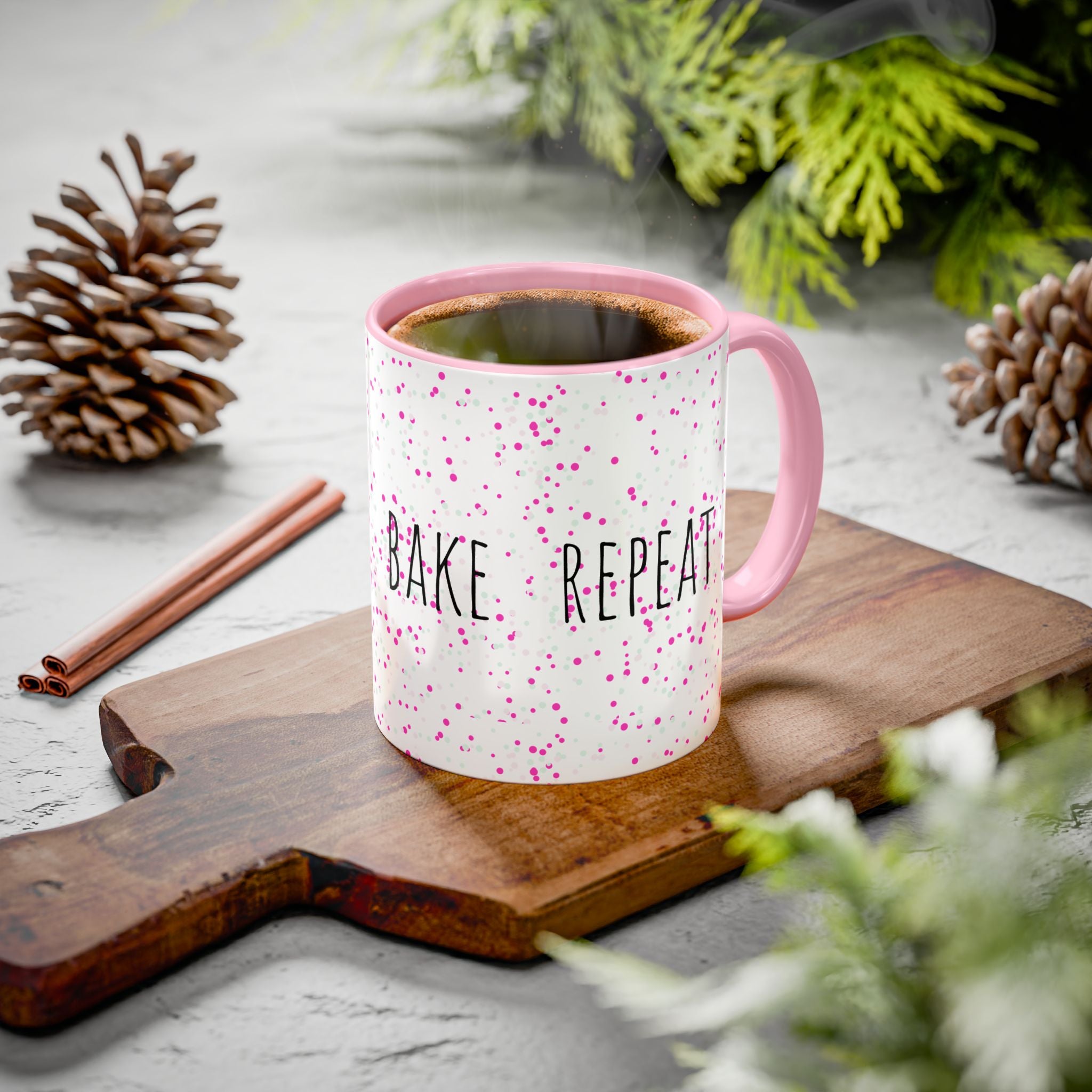 Eat Sleep Bake Repeat Mug | Pink Confetti Ceramic Coffee Cup (11oz, 15oz)