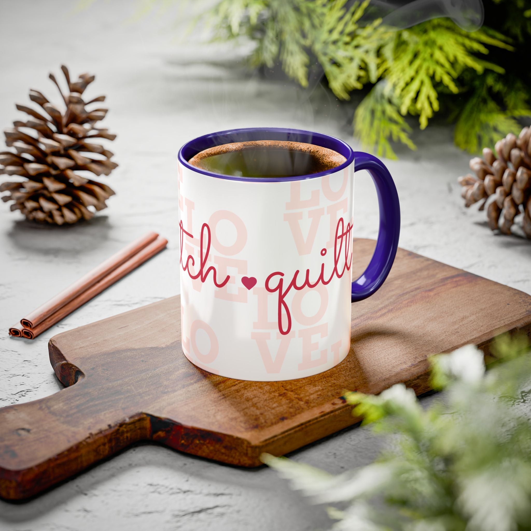 Love Quilting script mug | Colorful ceramic coffee cup