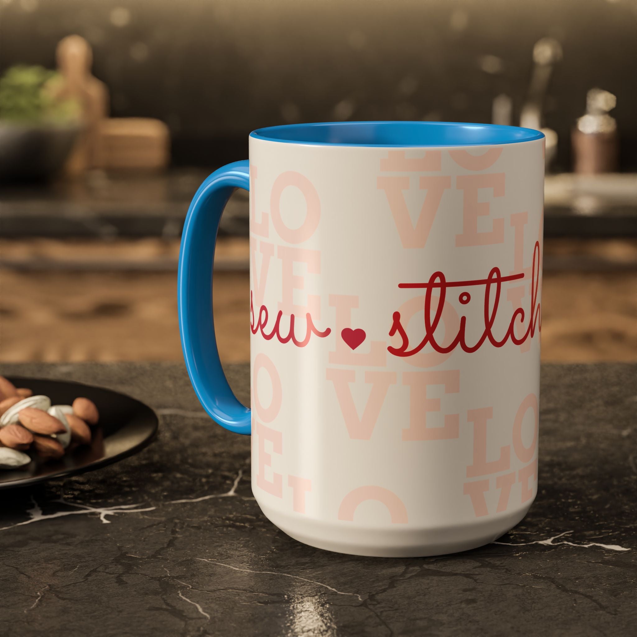 Love Quilting script mug | Colorful ceramic coffee cup