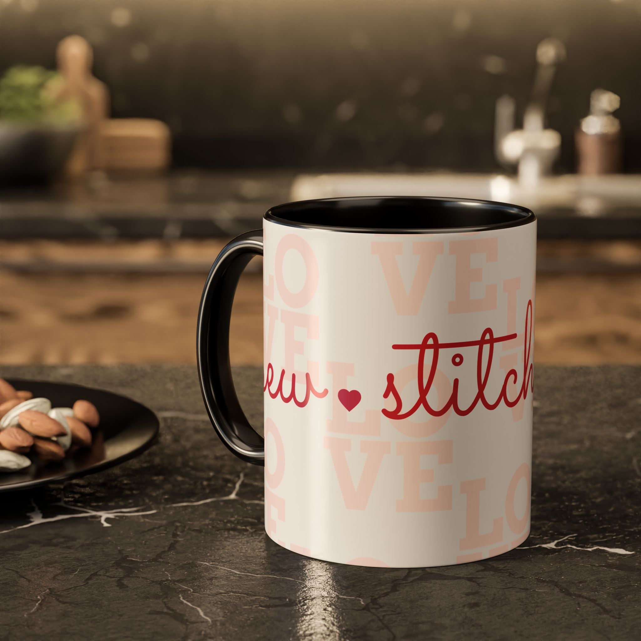 Love Quilting script mug | Colorful ceramic coffee cup