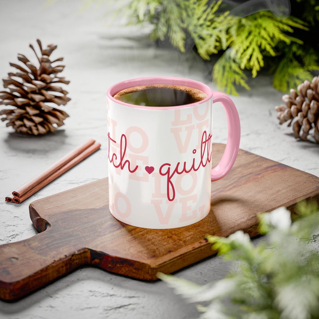 Love Quilting script mug | Colorful ceramic coffee cup