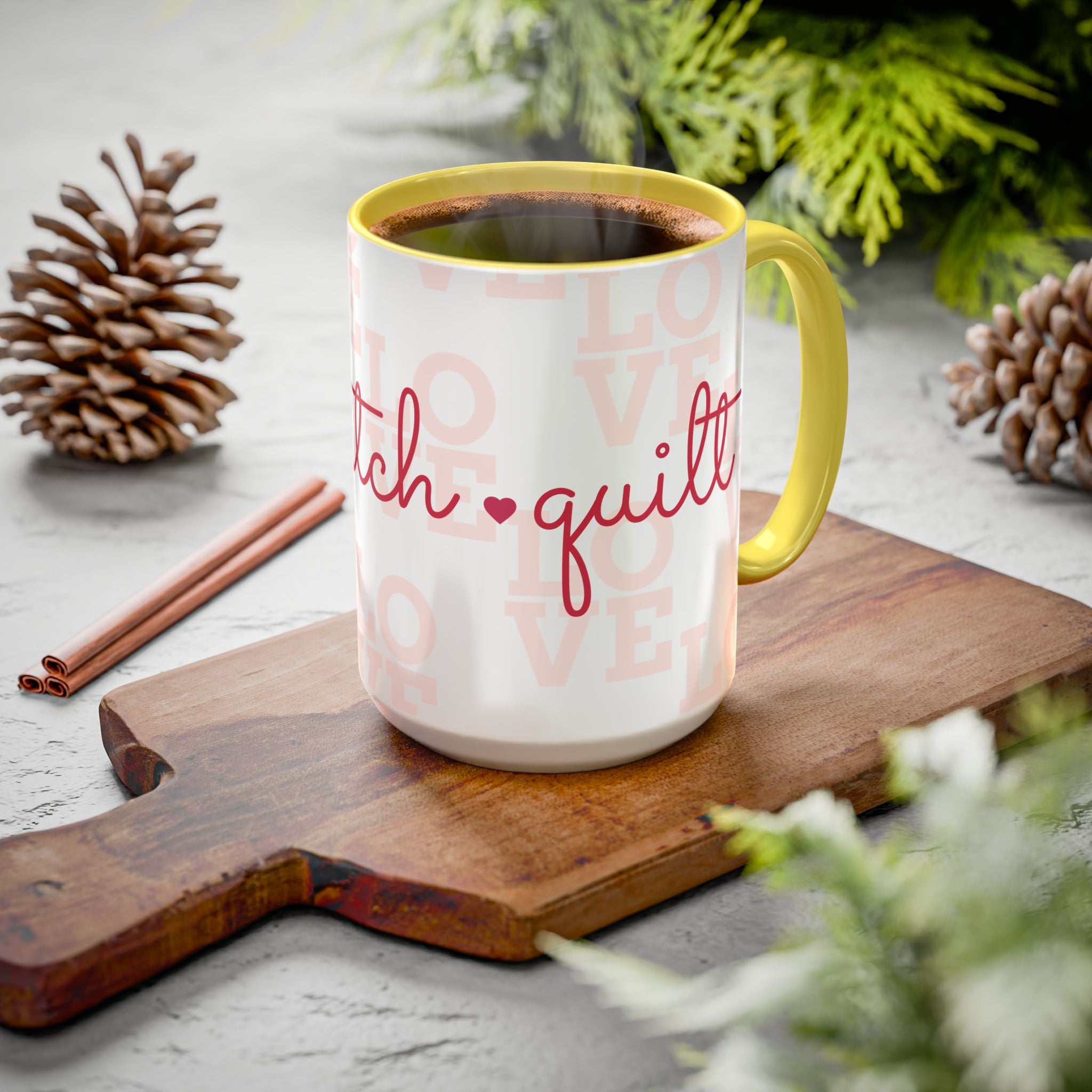 Love Quilting script mug | Colorful ceramic coffee cup