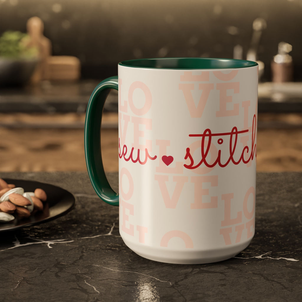 Love Quilting script mug | Colorful ceramic coffee cup