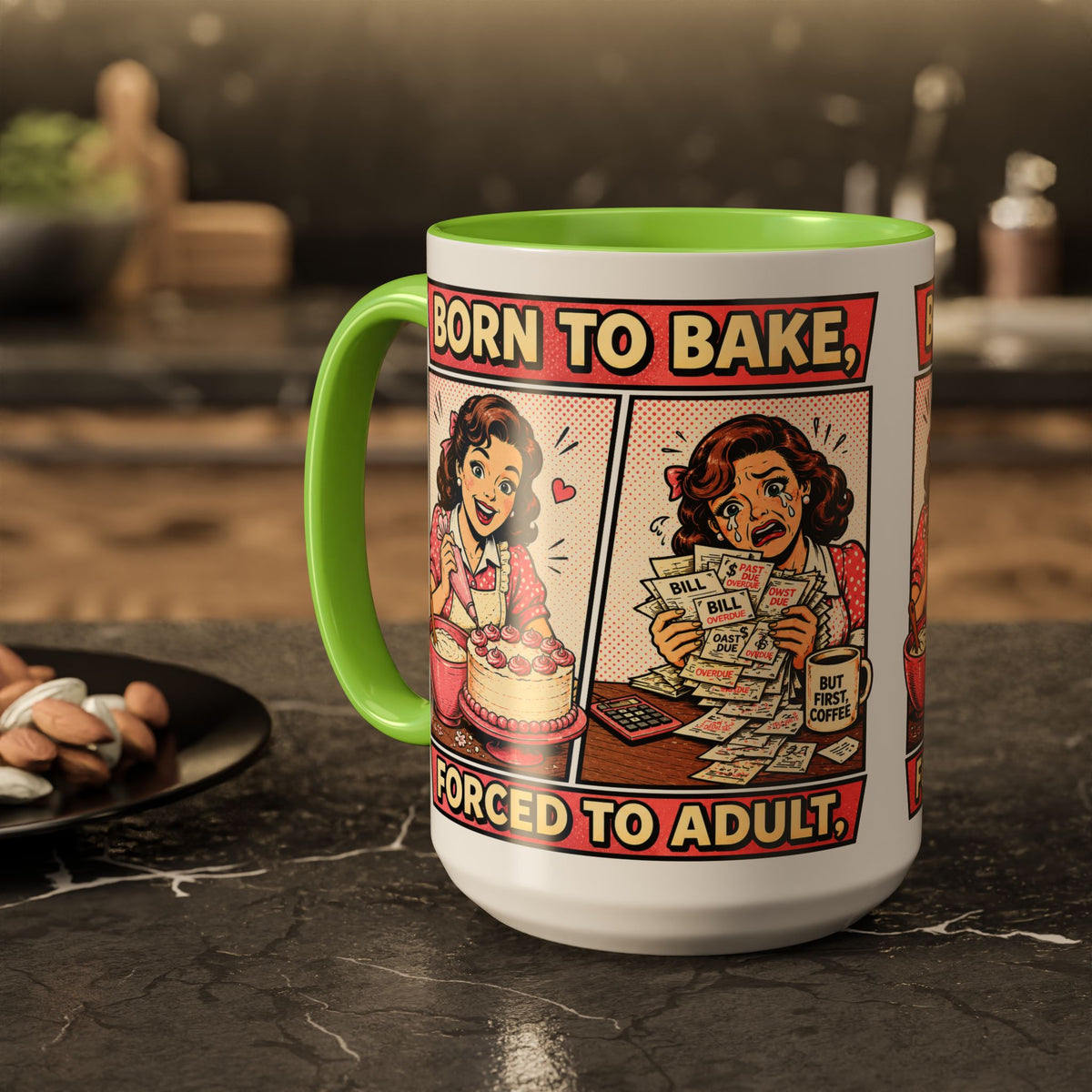 Born to Bake, Forced to Adult Ceramic Mug — Retro Baking Coffee Cup (11oz & 15oz)