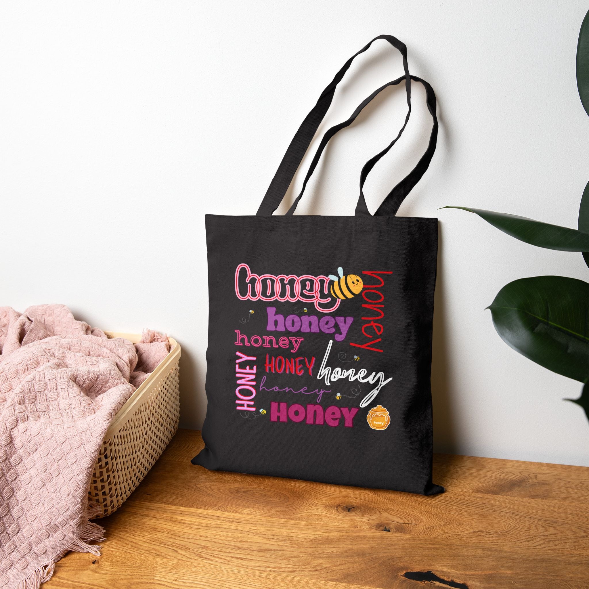 Honey Typography Canvas Tote — Cute Bee Graphic Bag