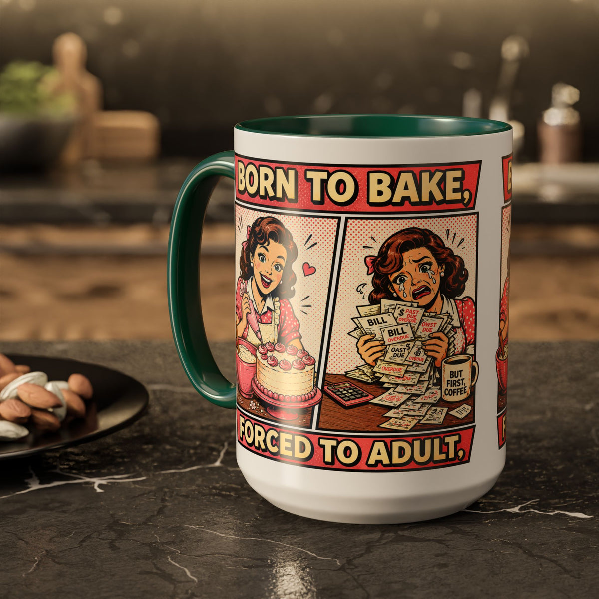 Born to Bake, Forced to Adult Ceramic Mug — Retro Baking Coffee Cup (11oz & 15oz)