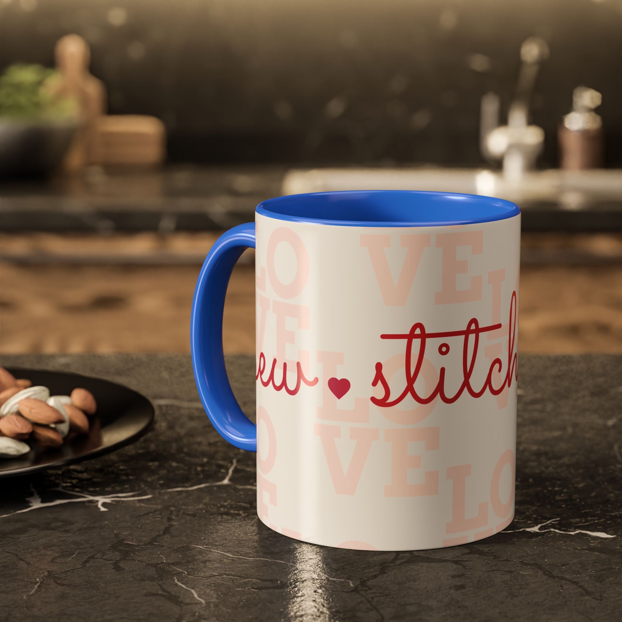 Love Quilting script mug | Colorful ceramic coffee cup