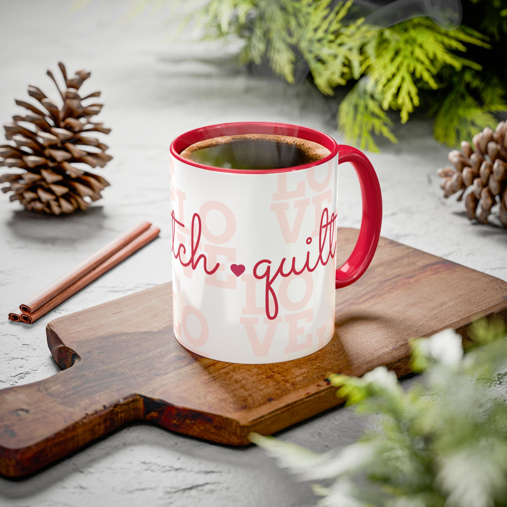 Love Quilting script mug | Colorful ceramic coffee cup
