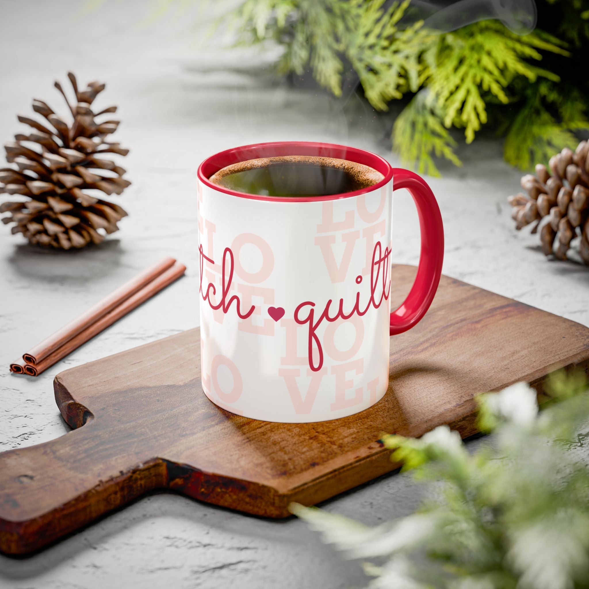 Love Quilting script mug | Colorful ceramic coffee cup