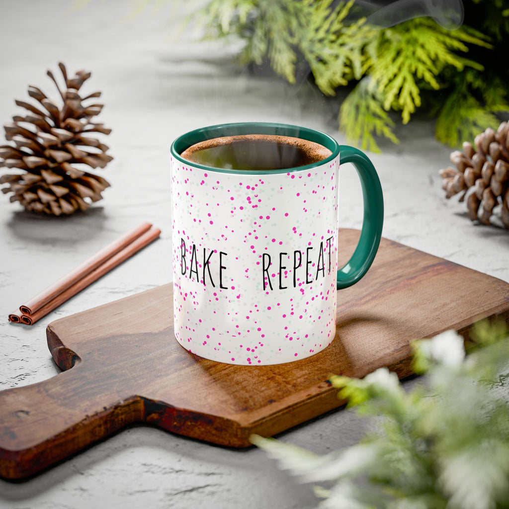 Eat Sleep Bake Repeat Mug | Pink Confetti Ceramic Coffee Cup (11oz, 15oz)