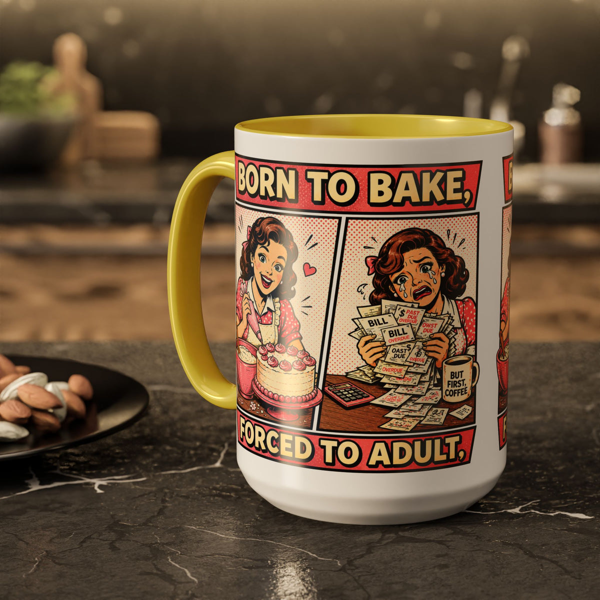 Born to Bake, Forced to Adult Ceramic Mug — Retro Baking Coffee Cup (11oz & 15oz)
