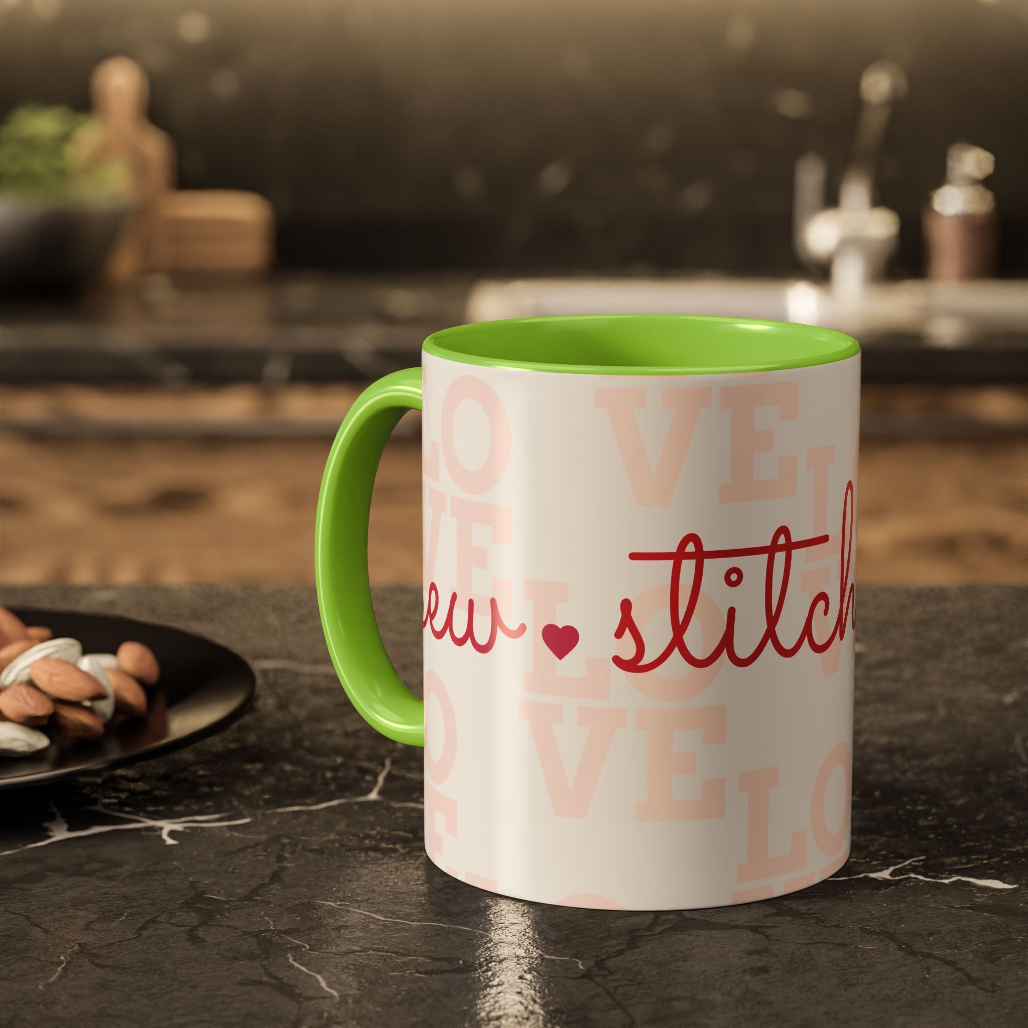 Love Quilting script mug | Colorful ceramic coffee cup