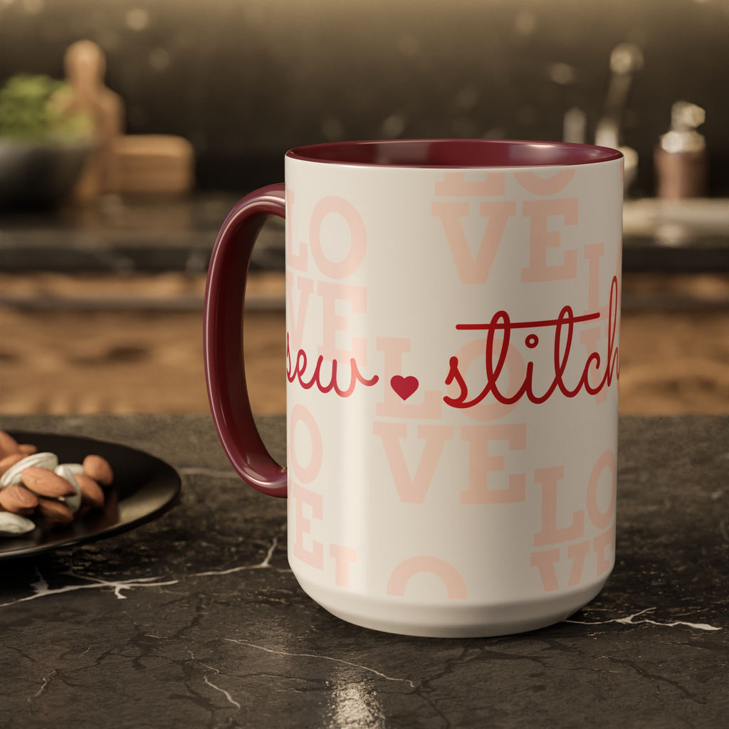 Love Quilting script mug | Colorful ceramic coffee cup
