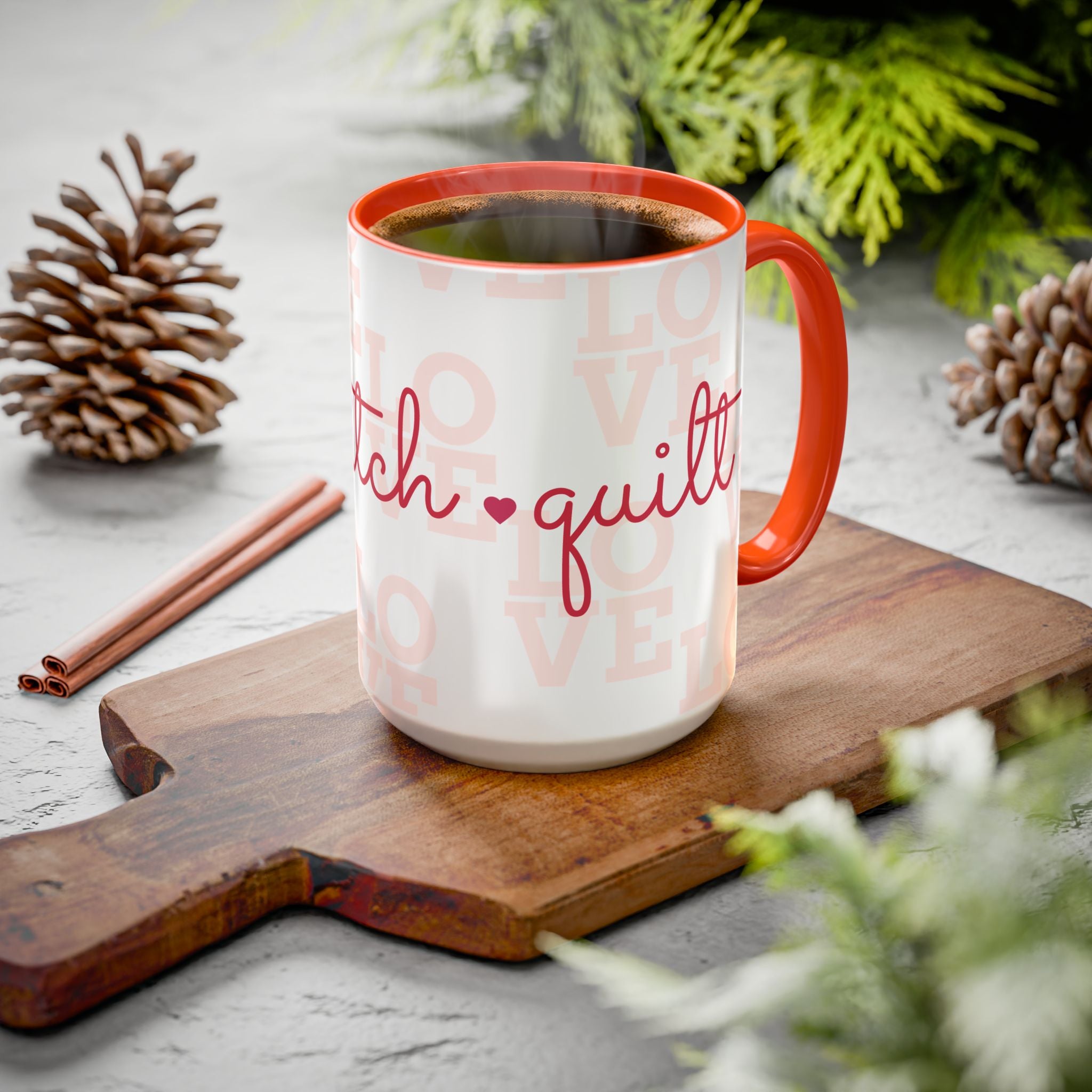 Love Quilting script mug | Colorful ceramic coffee cup