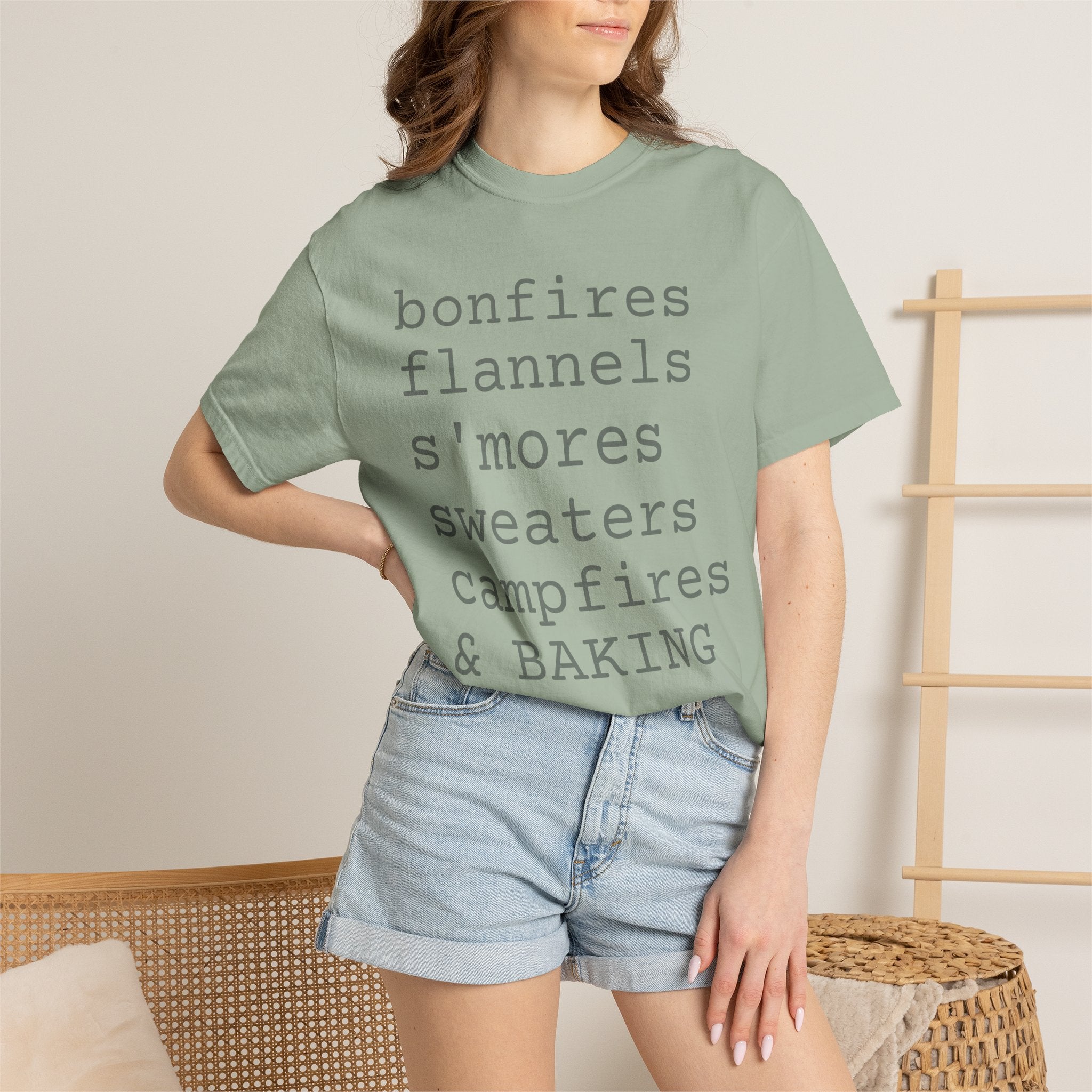 bonfires flannels s'mores sweaters campfires & BAKING T-shirt | Cozy Fall Typography Tee