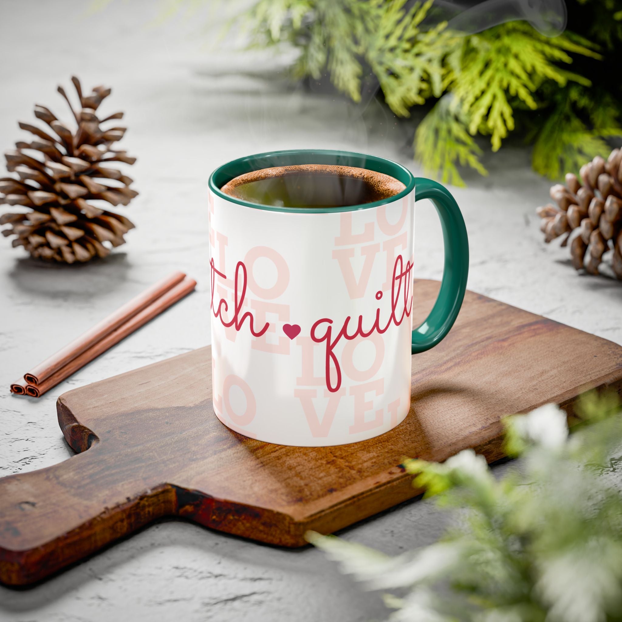 Love Quilting script mug | Colorful ceramic coffee cup