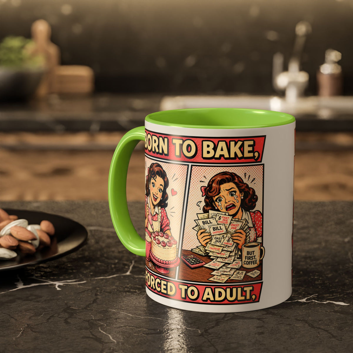 Born to Bake, Forced to Adult Ceramic Mug — Retro Baking Coffee Cup (11oz & 15oz)