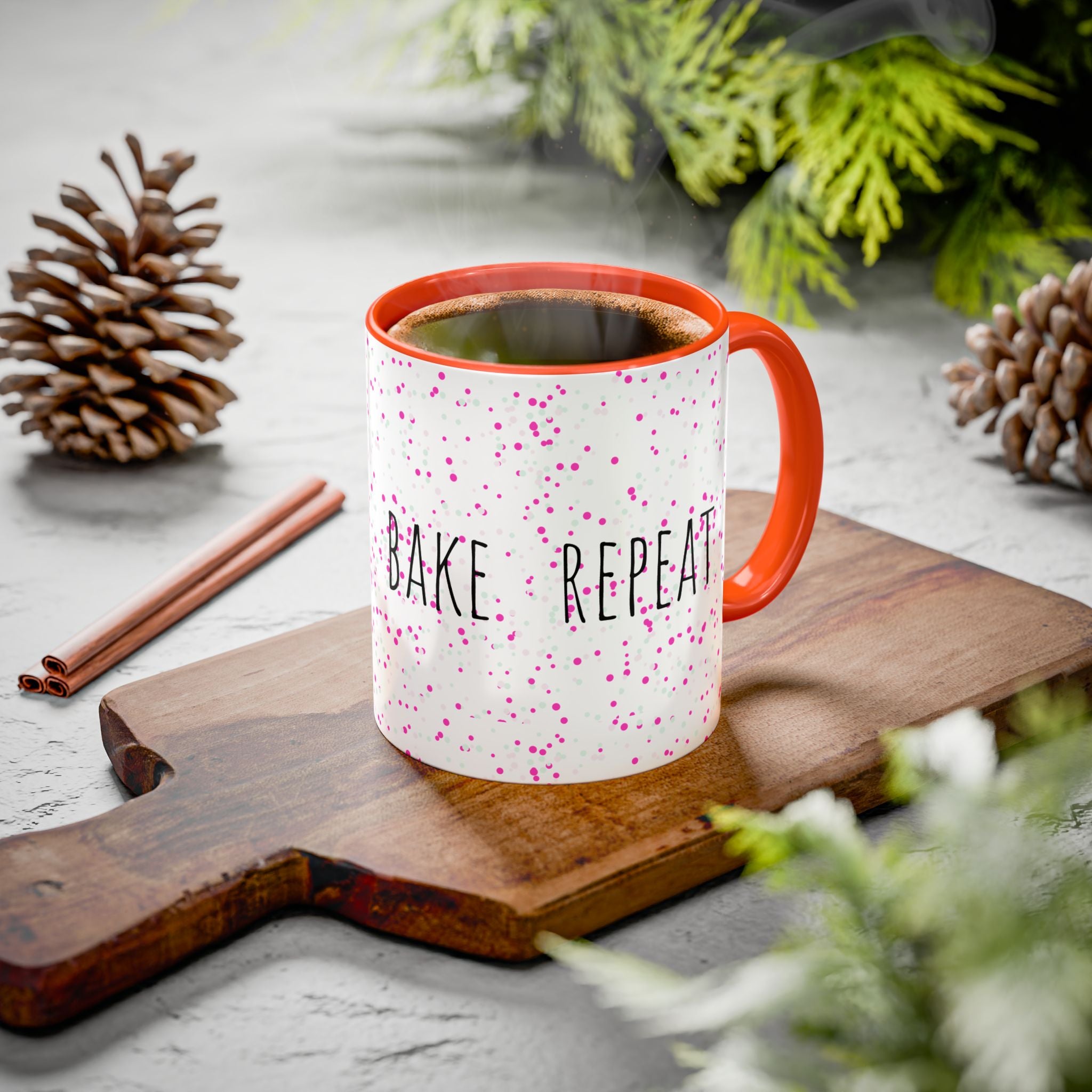 Eat Sleep Bake Repeat Mug | Pink Confetti Ceramic Coffee Cup (11oz, 15oz)
