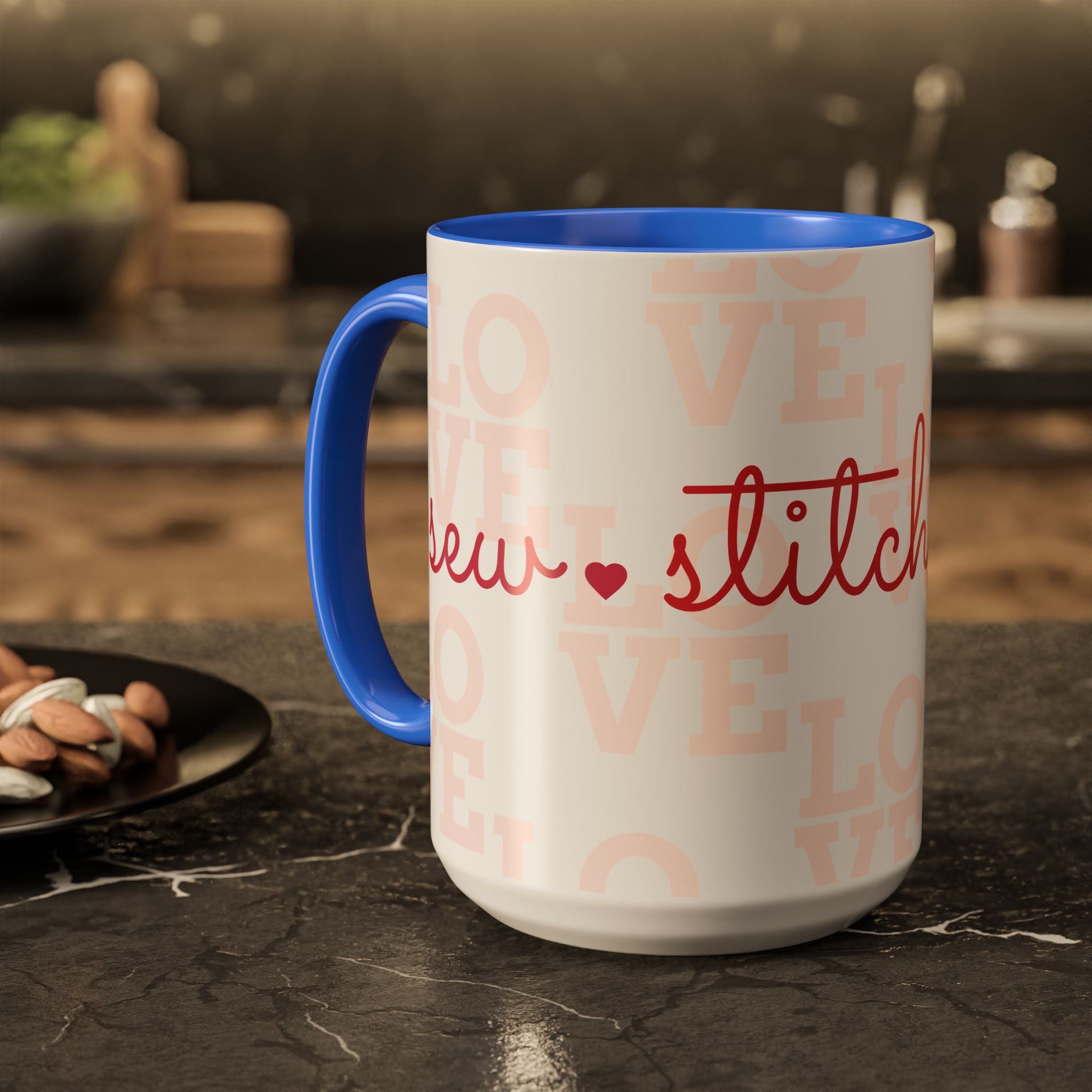 Love Quilting script mug | Colorful ceramic coffee cup