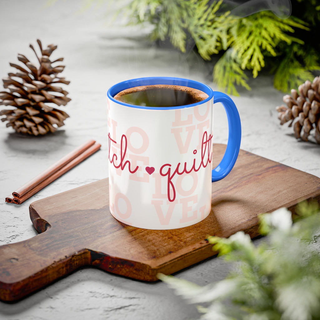 Love Quilting script mug | Colorful ceramic coffee cup