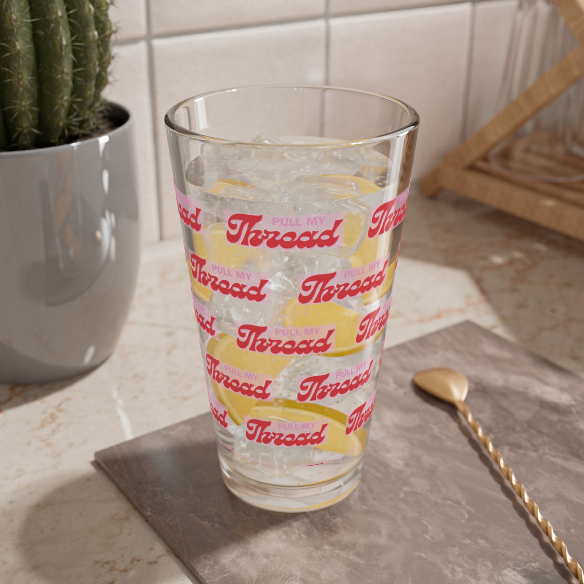 16oz Mixing Glass — Retro 'Pull My Thread' Pattern Cocktail Glass