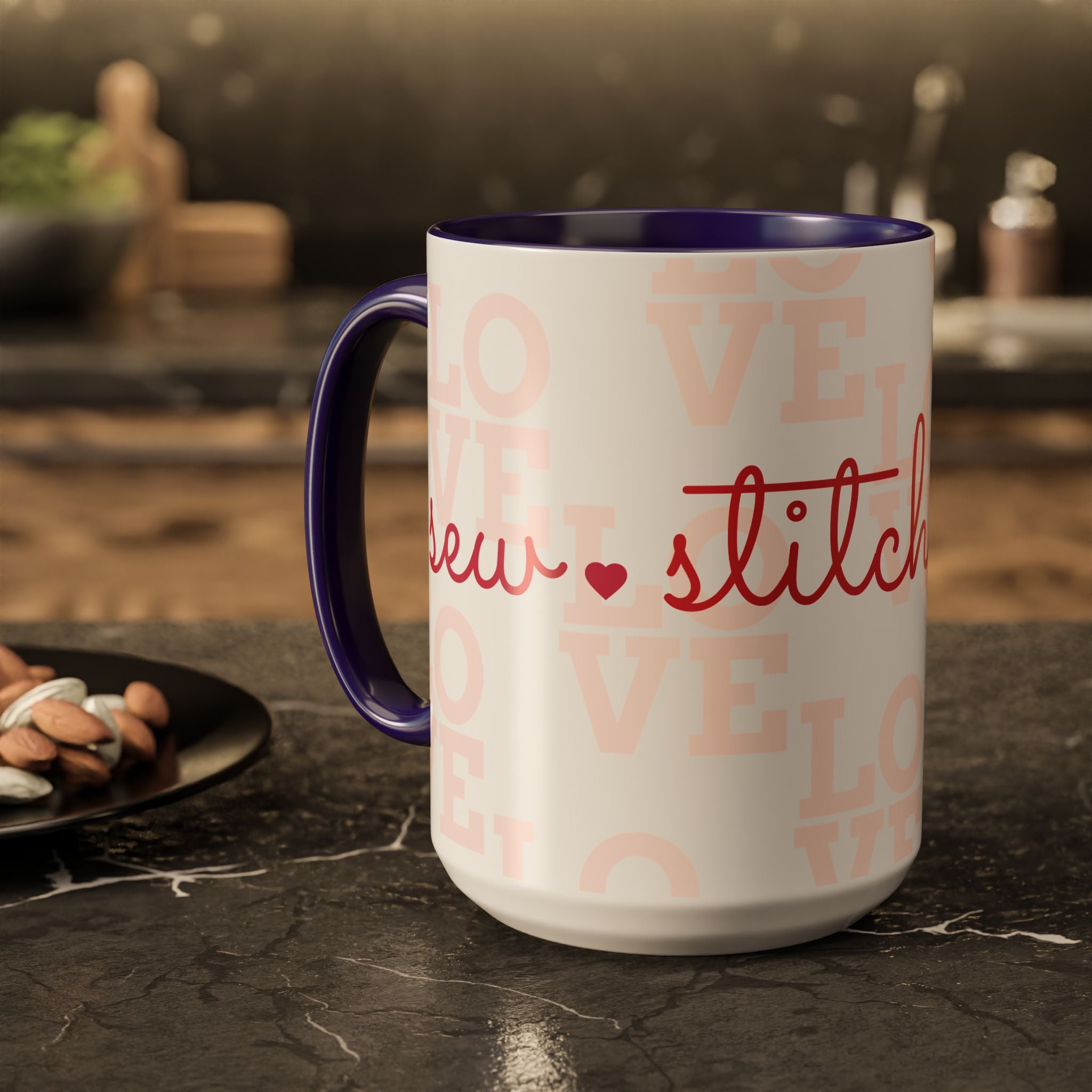 Love Quilting script mug | Colorful ceramic coffee cup