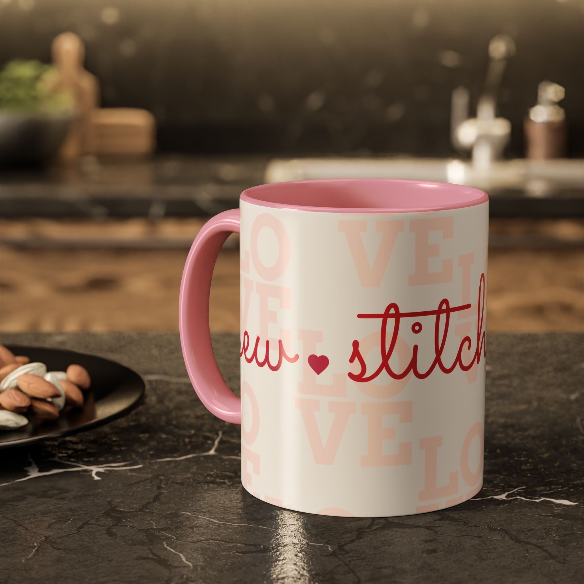 Love Quilting script mug | Colorful ceramic coffee cup