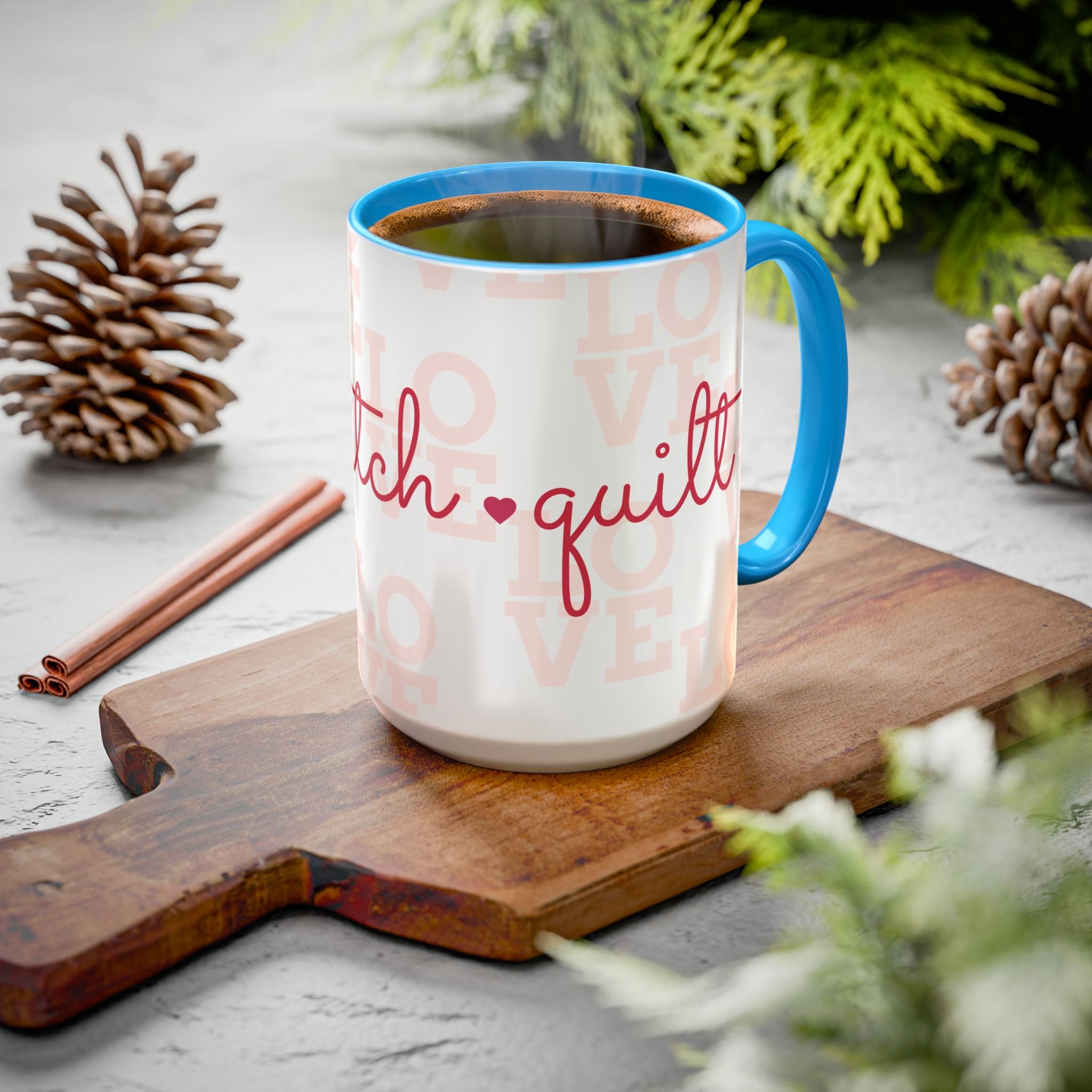 Love Quilting script mug | Colorful ceramic coffee cup
