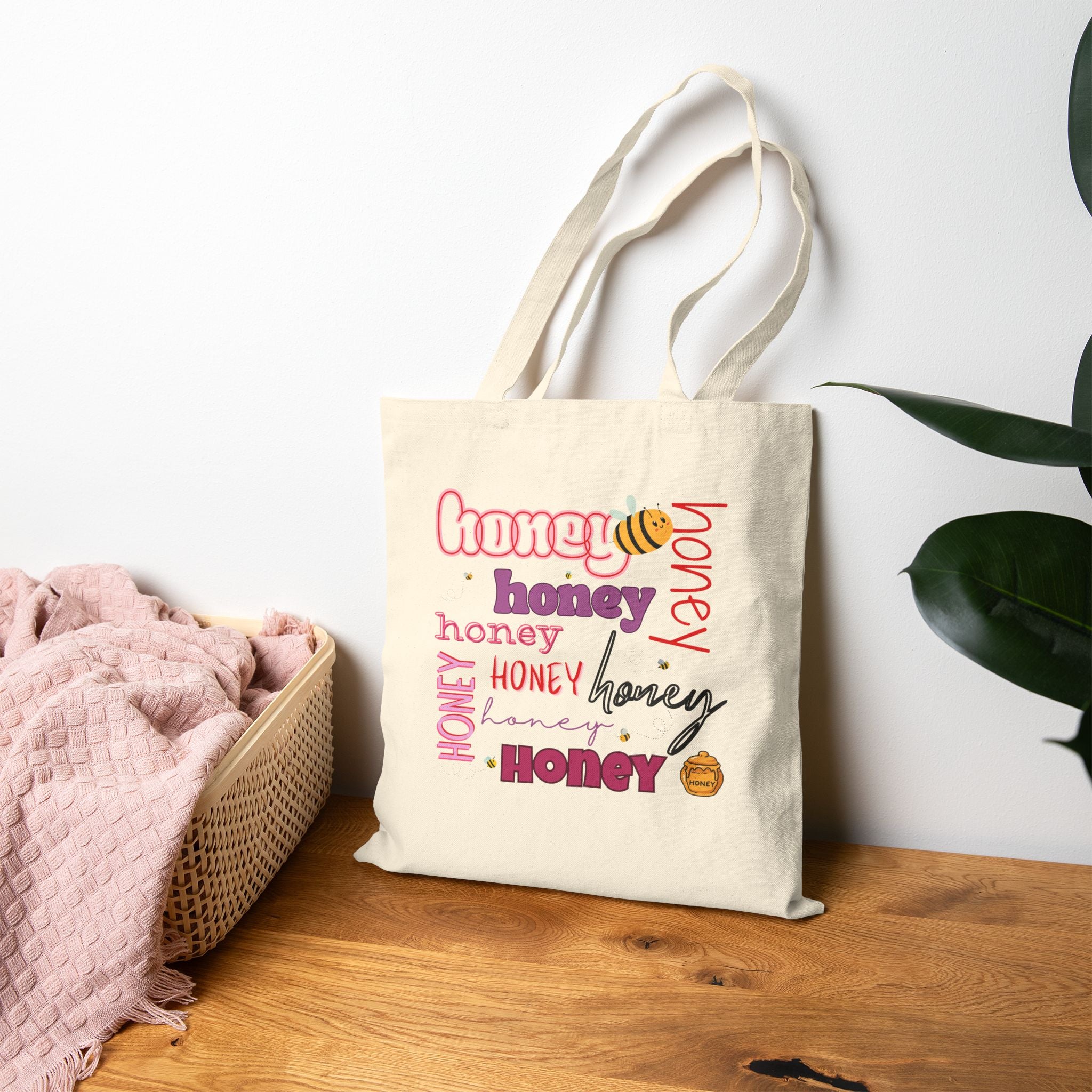 Honey Typography Canvas Tote — Cute Bee Graphic Bag
