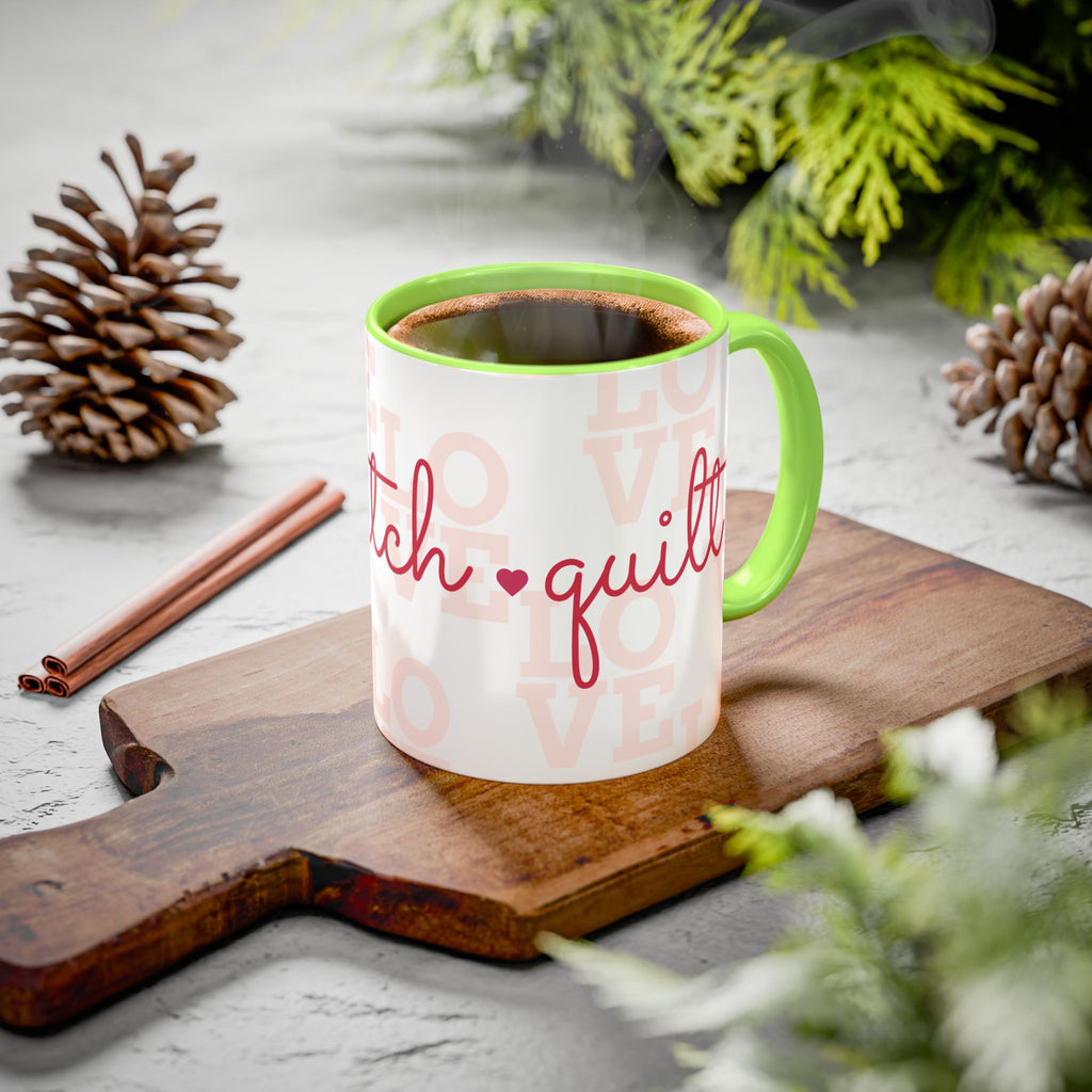 Love Quilting script mug | Colorful ceramic coffee cup