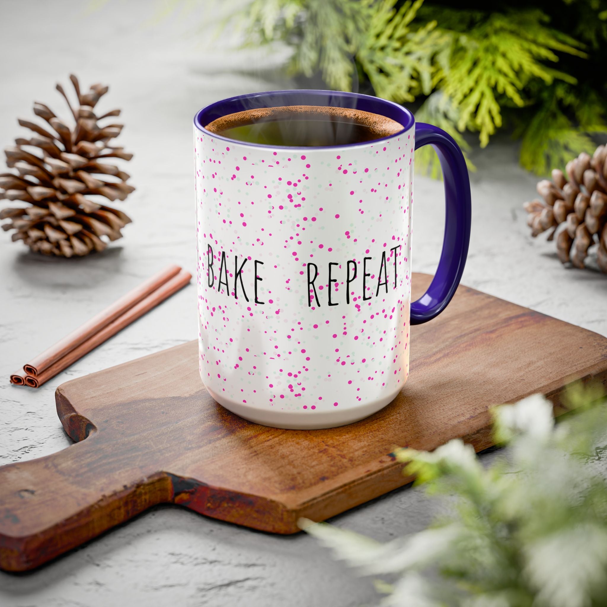 Eat Sleep Bake Repeat Mug | Pink Confetti Ceramic Coffee Cup (11oz, 15oz)