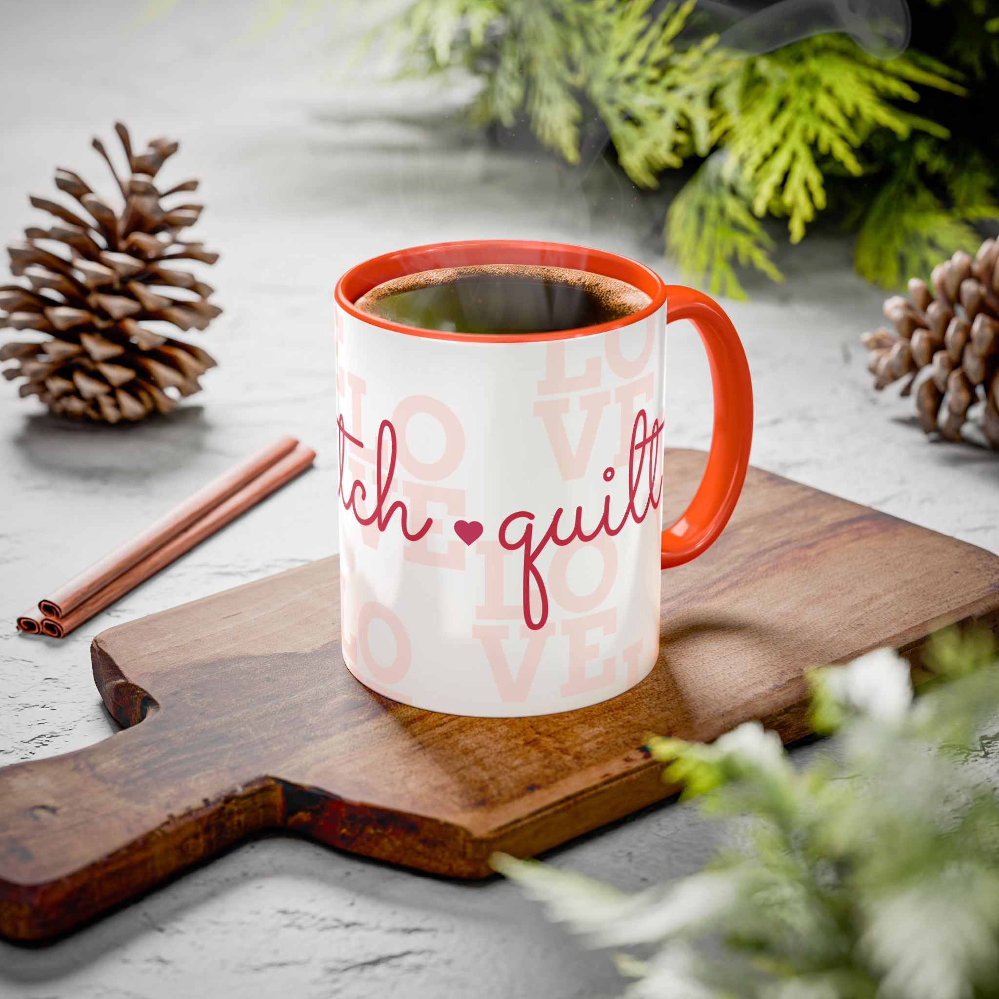 Love Quilting script mug | Colorful ceramic coffee cup