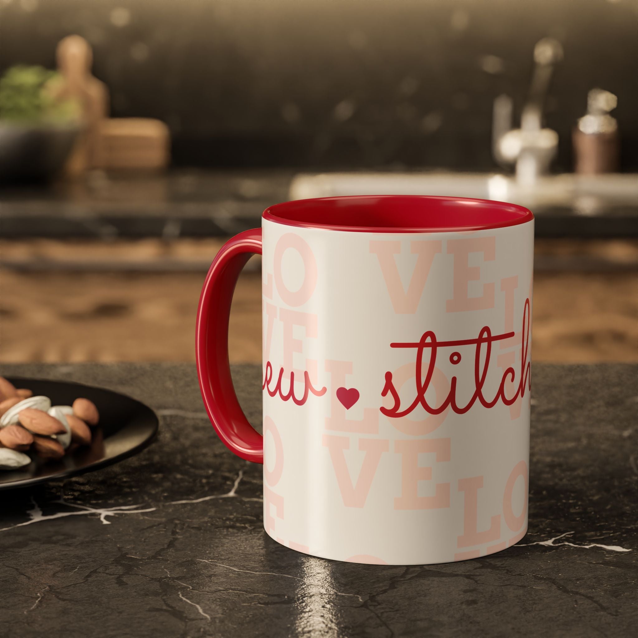 Love Quilting script mug | Colorful ceramic coffee cup