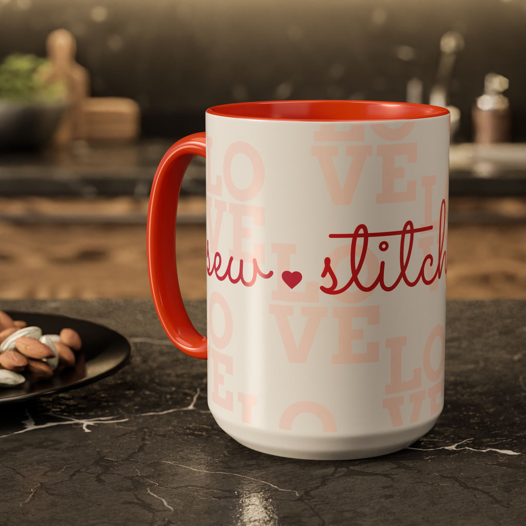 Love Quilting script mug | Colorful ceramic coffee cup