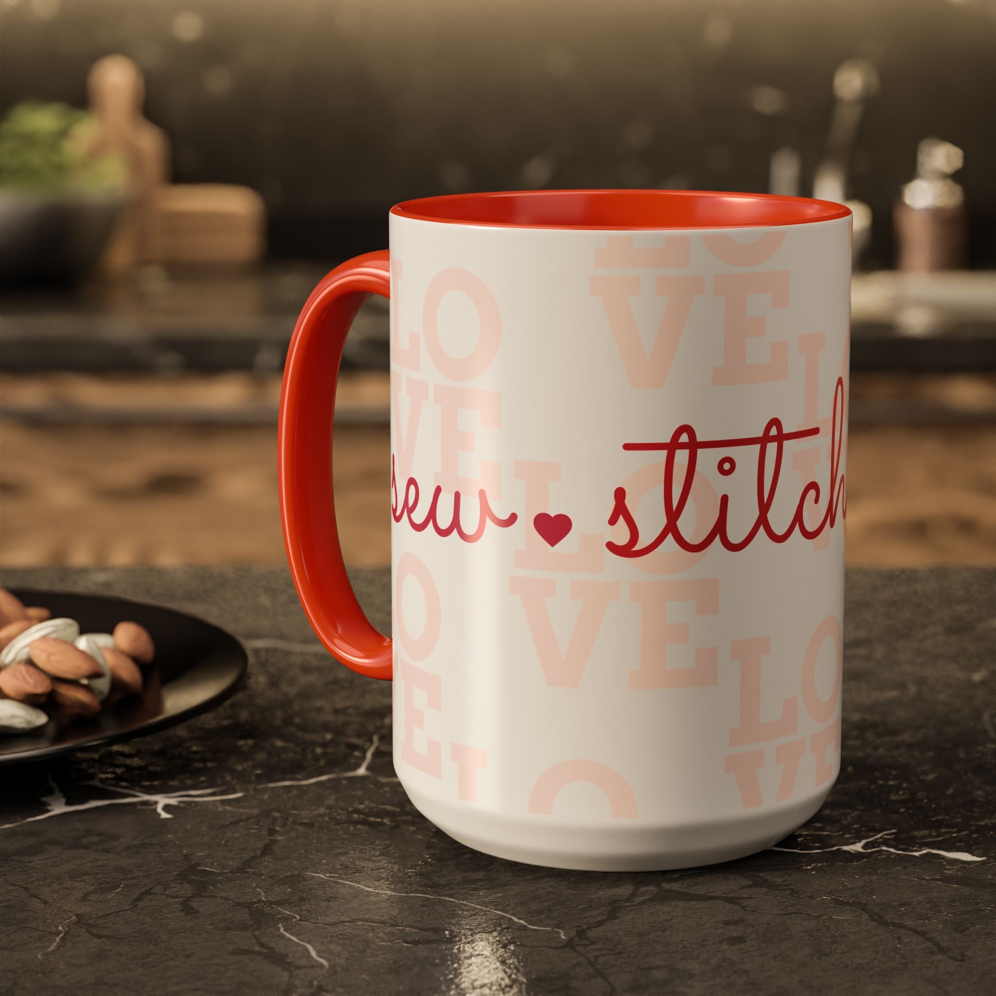 Love Quilting script mug | Colorful ceramic coffee cup