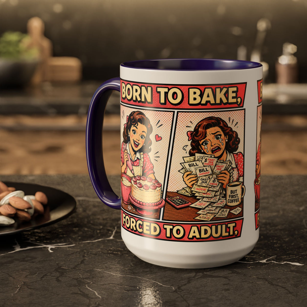 Born to Bake, Forced to Adult Ceramic Mug — Retro Baking Coffee Cup (11oz & 15oz)