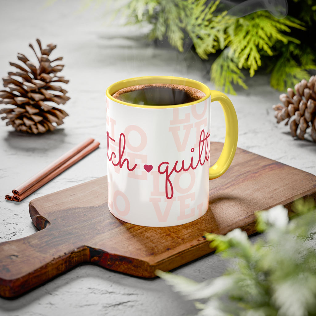 Love Quilting script mug | Colorful ceramic coffee cup