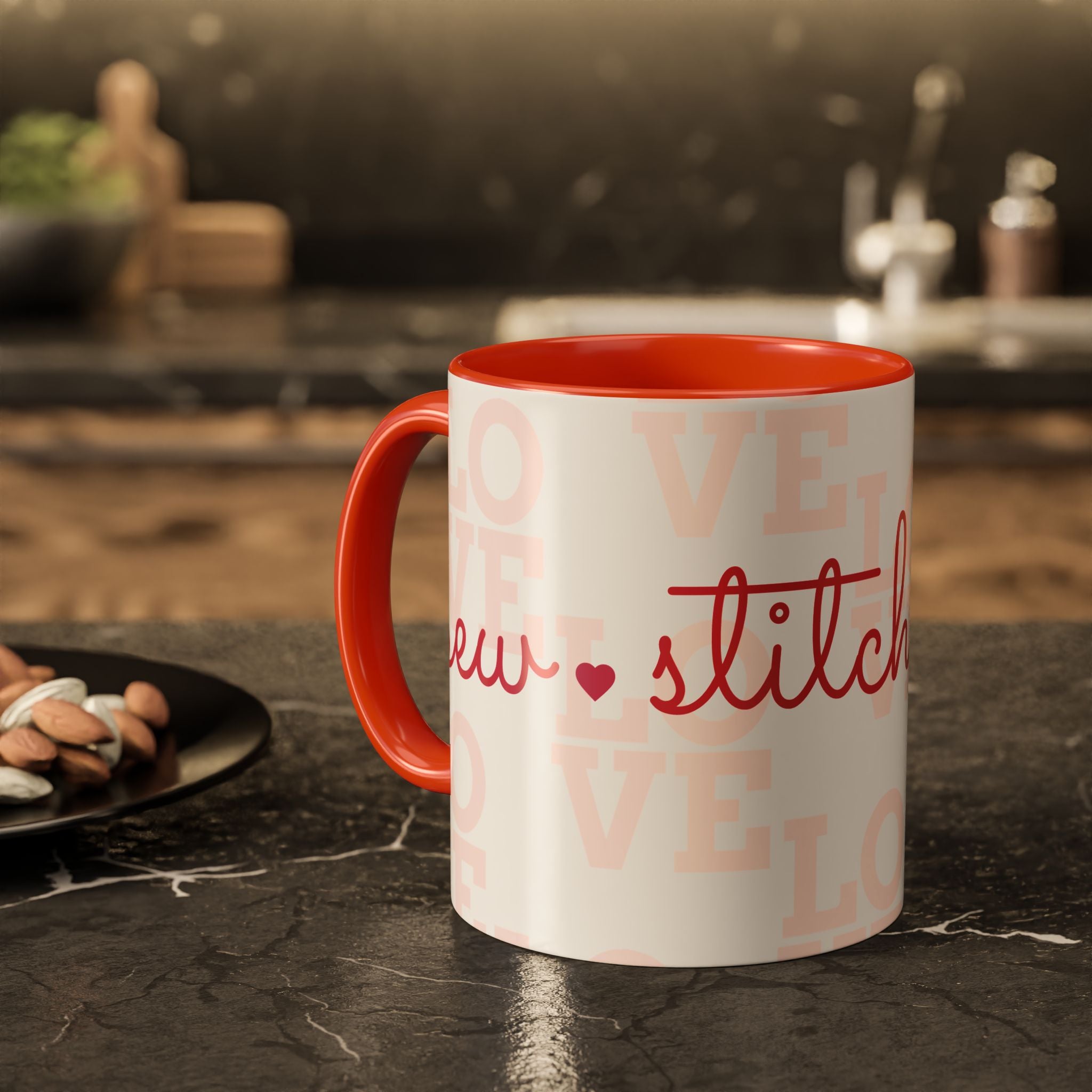 Love Quilting script mug | Colorful ceramic coffee cup