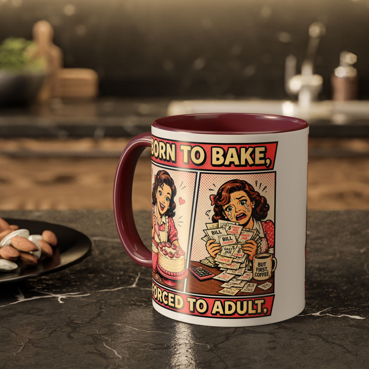 Born to Bake, Forced to Adult Ceramic Mug — Retro Baking Coffee Cup (11oz & 15oz)