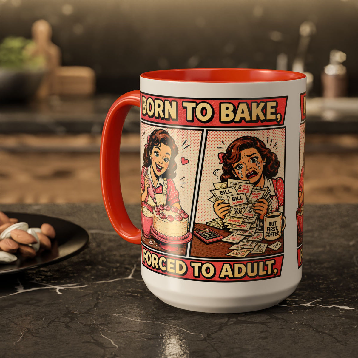 Born to Bake, Forced to Adult Ceramic Mug — Retro Baking Coffee Cup (11oz & 15oz)