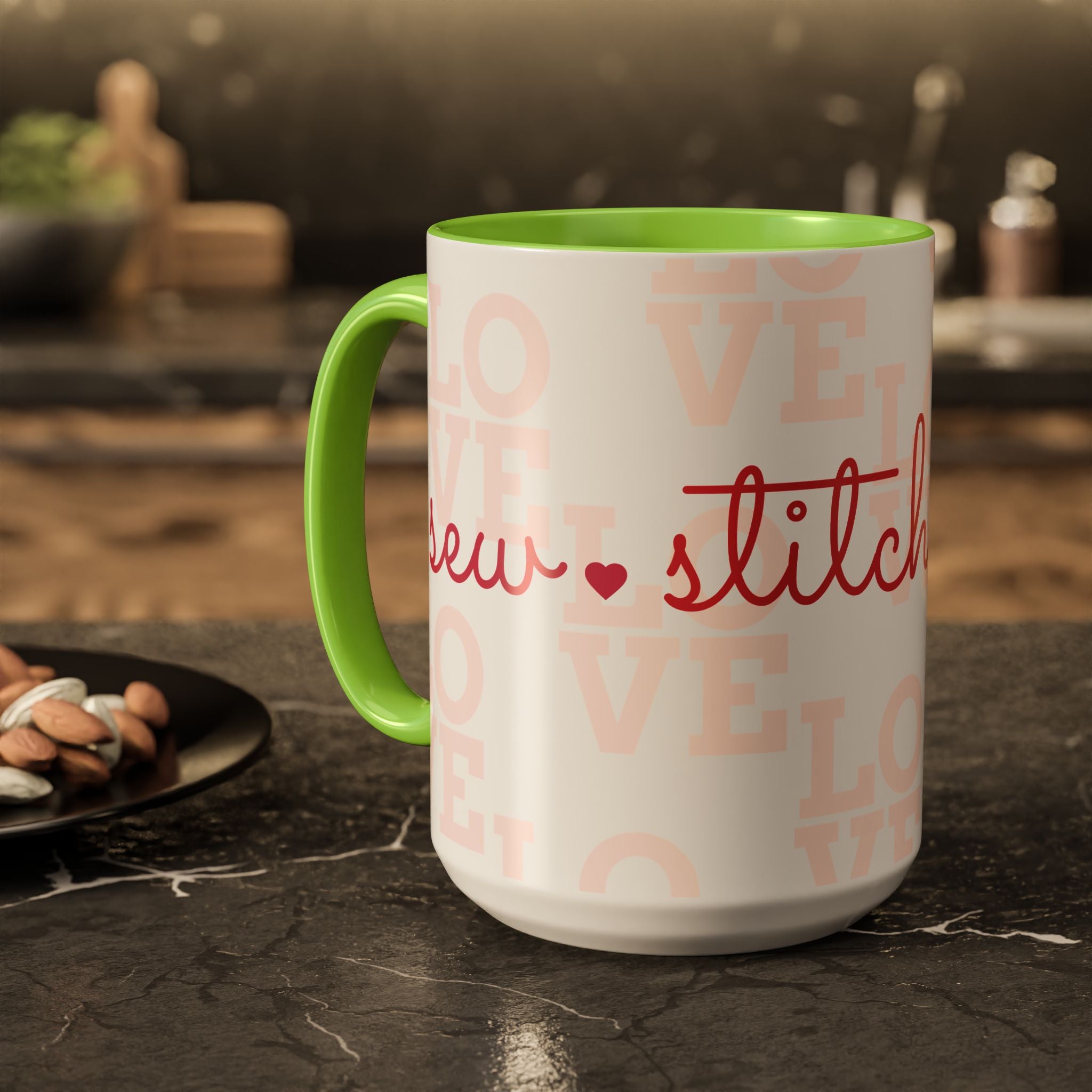 Love Quilting script mug | Colorful ceramic coffee cup
